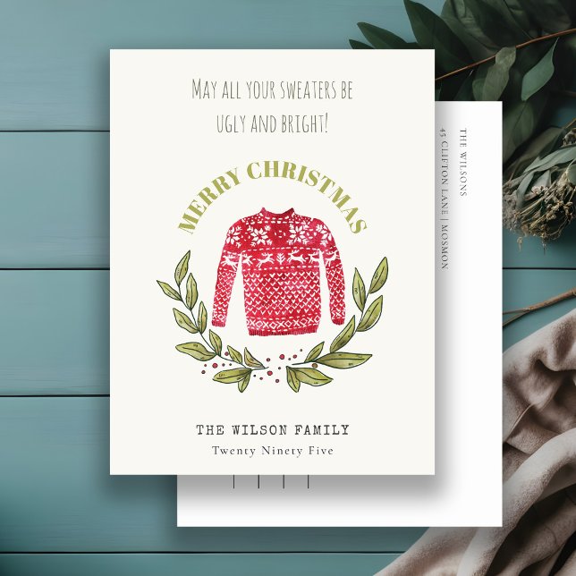 Ljud Cute Ugly Sweater Leafy Red Grönt Jul Helg Vykort (Skapare uppladdad)