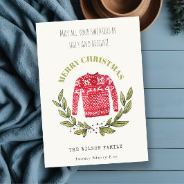 Ljud Cute Ugly Sweater Leafy Red Grönt Jul Julkort