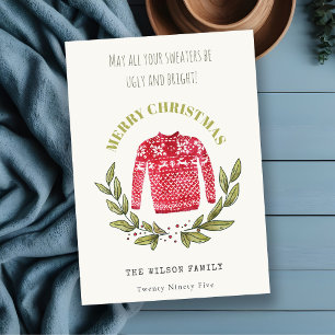 Ljud Cute Ugly Sweater Leafy Red Grönt Jul Julkort