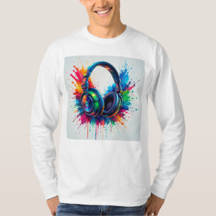Ljudande Hörlurar Mot En Färgrik Smärta T Shirt