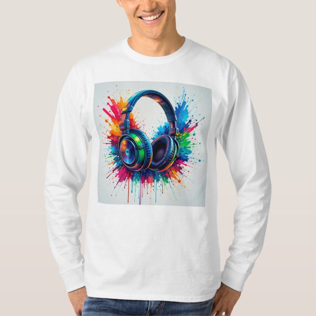 Ljudande Hörlurar Mot En Färgrik Smärta T Shirt (Framsida)