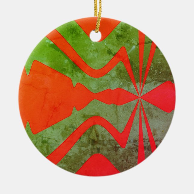 Ljudvågsdesign i orange oliv abstrakt design julgransprydnad keramik (Framsidan)