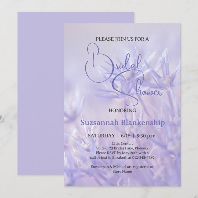 Ljungblå Violett Blommig Bakgrund Bröllopsdusch  Inbjudningar (Fram/baksida)