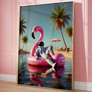 Ljuny Astronaut på Rosa Flamingo Beach Wall art Poster