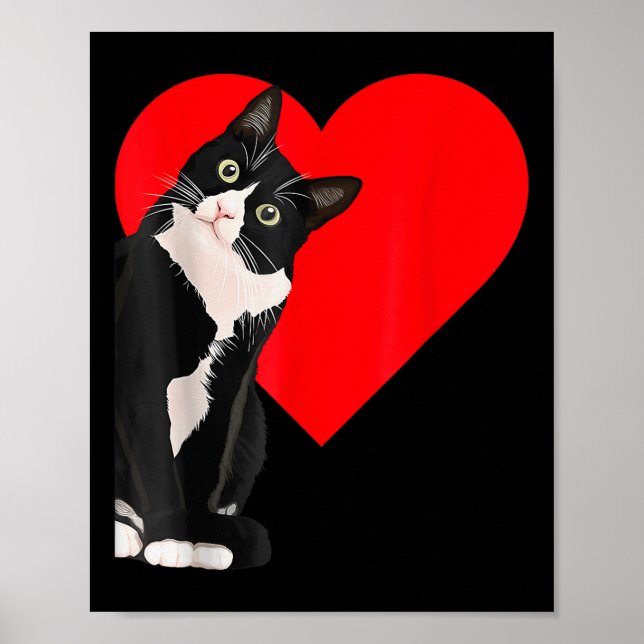 Ljuny Black Cat Valentines day Heart Tuxedo Cat Lo Poster (Framsidan)