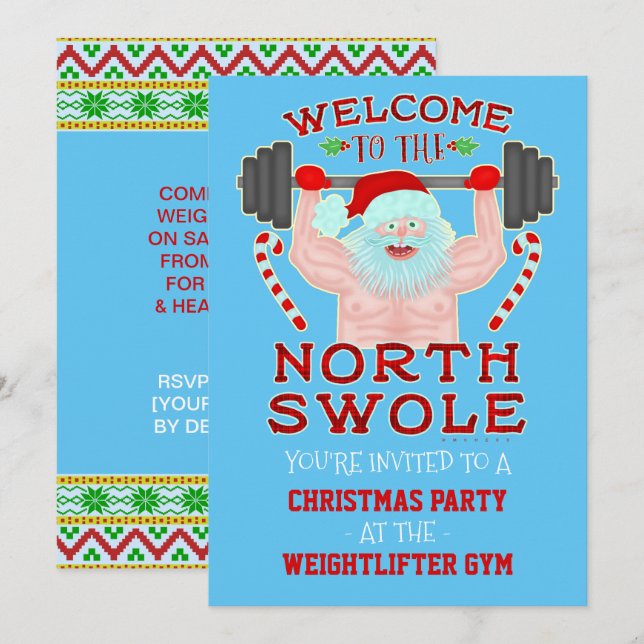 Ljuny jul Swole Santa Weightlifter Gym Party Inbjudningar (Fram/baksida)