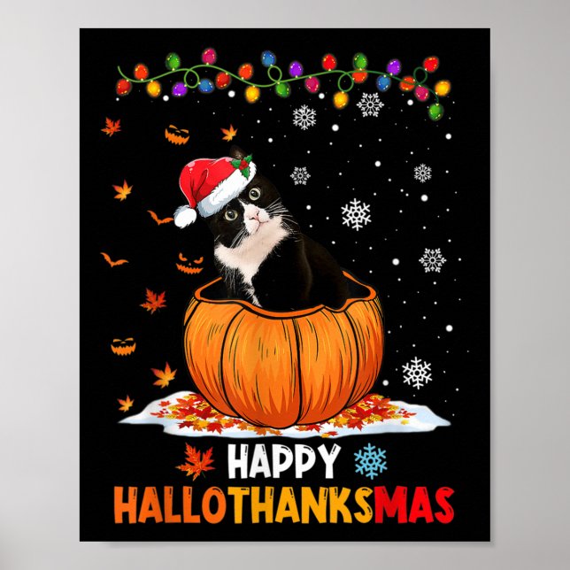 Ljuny Tuxedo Cat on Pumpkin Lycklig Hallothanksmas Poster (Framsidan)