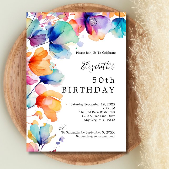 Ljus akvarellblomma 50-årsdag inbjudningar (Orange Blue Purple Bright Watercolor flowers 50th Birthday ( or any year ) Invitation for her)