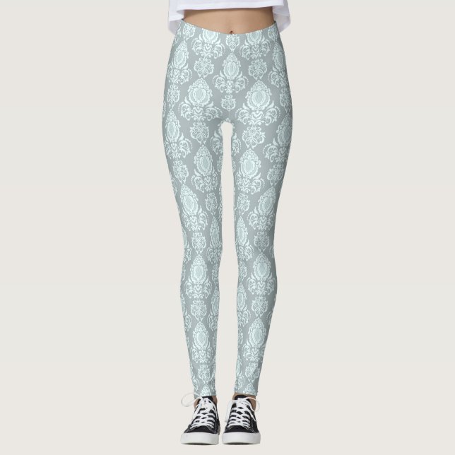 Ljus Aqua Mint Blå Damask Filigrane Rullande Blomm Leggings (Framsida)