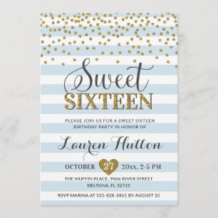 Ljus Baby blue Guld Sweet sixteen Party födelsedag Inbjudningar