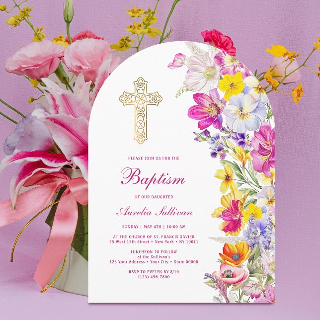 Ljus båge av vilda blommor dop inbjudningar (Skapare uppladdad)