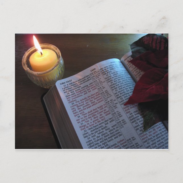 ljus, bibel och Poinsetta Vykort (Framsida)