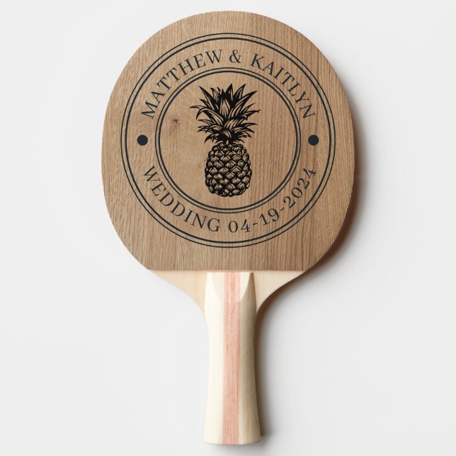 Ljus Björk trä Ananas Bröllopskam & Namn Pingisracket (Baksidan)