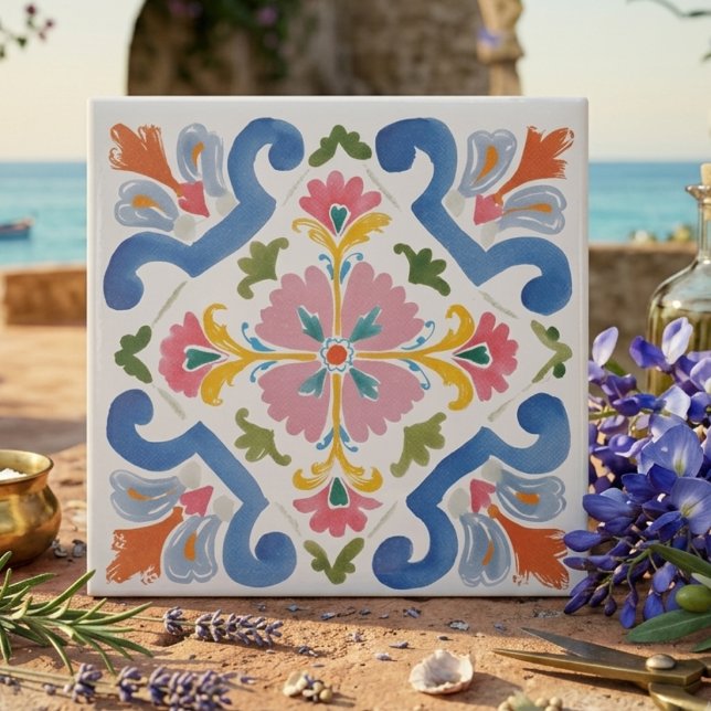 Ljus blå och rosa folkkonst blomsterdekoration kakelplatta (Vibrant Blue and Pink Folk Art Floral Decorative Ceramic Tile)
