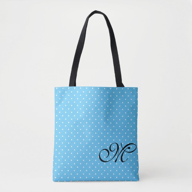 Ljus blå och vit polka - Monogram Tygkasse (Framsida)
