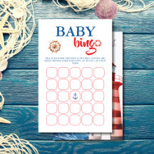 Ljus blå röd nautisk baby shower bingo-kort
