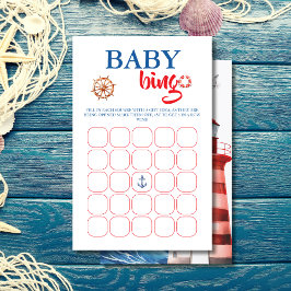 Ljus blå röd nautisk baby shower bingo-kort