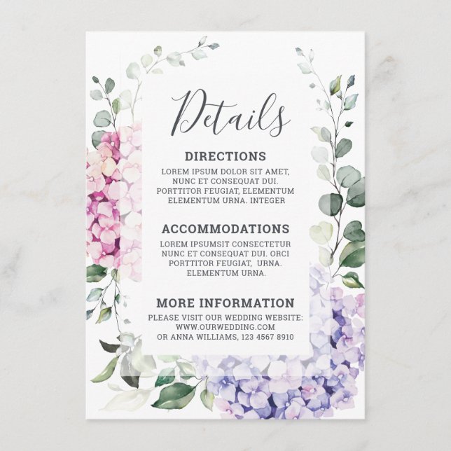 Ljus blå rosa hydrangeor och eukalyptus bröllop tilläggskort (Framsida)