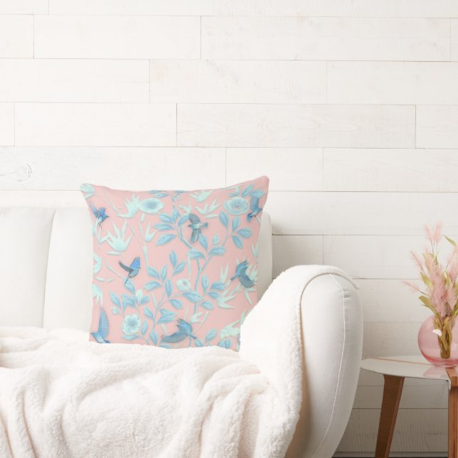 ljus blåa blommor och fågel , bakgrundsbelysning kudde (Soffa)