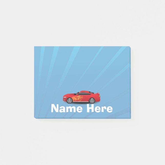 Ljus blått med den röda sportbilen flammar post-it block (Framsida)