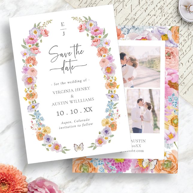 Ljus Blomma Spara Datumet (Bright Watercolor Floral Save The Date Card by Painted Paperie
)