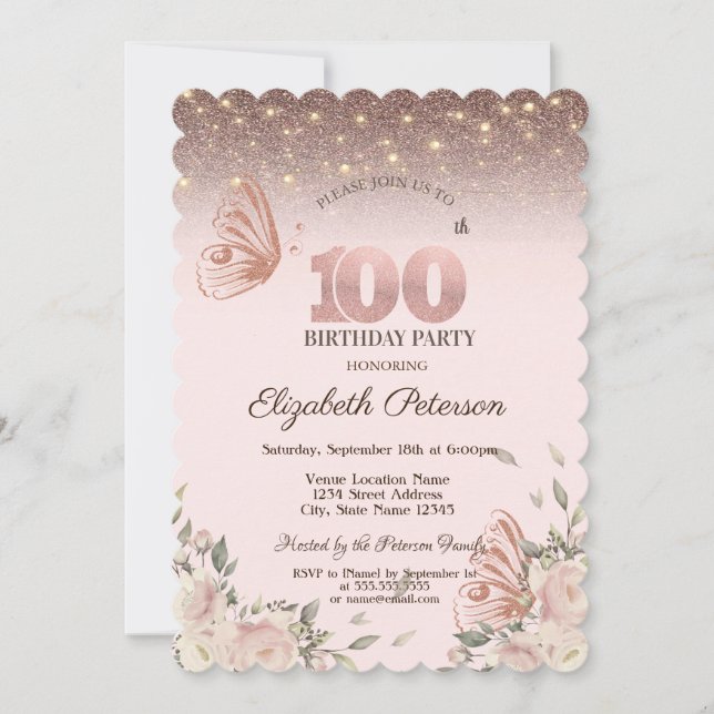 Ljus, Blommor Glitter Fjärilar 100-årsdag Inbjudningar (Framsida)