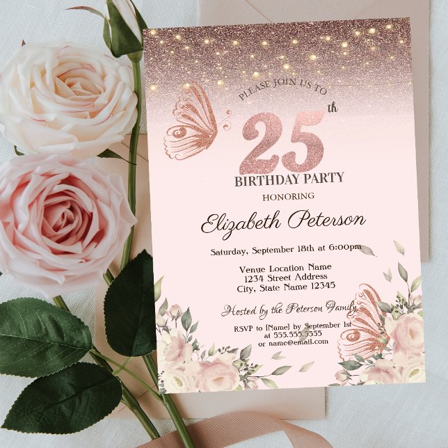 Ljus, Blommor Glitter Fjärilar 25-års födelsedag Inbjudningar (Skapare uppladdad)
