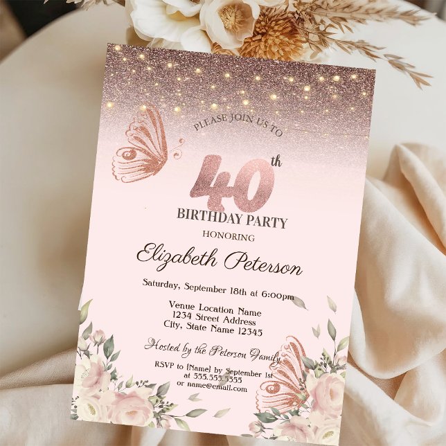 Ljus, Blommor Glitter Fjärilar 40-årsdag Inbjudningar (Skapare uppladdad)