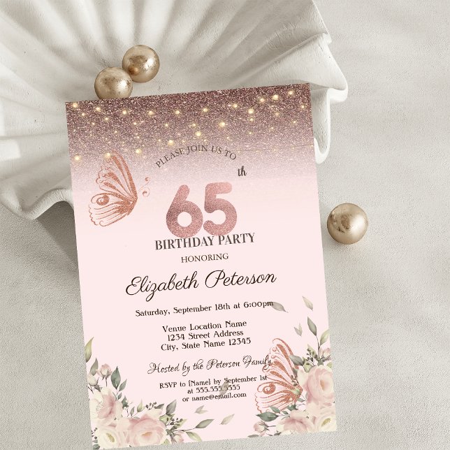 Ljus, Blommor Glitter Fjärilar 65-årsdag Inbjudningar (Skapare uppladdad)