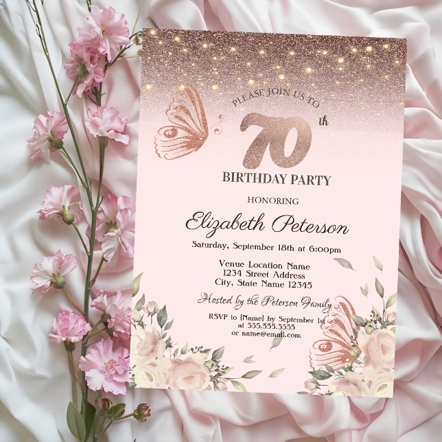 Ljus, Blommor Glitter Fjärilar 70-årsdag Inbjudningar (Skapare uppladdad)