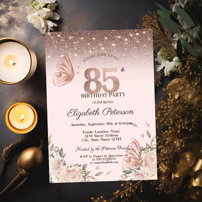 Ljus,Blommor Glitter Fjärilar 85-årsdag Inbjudningar (Skapare uppladdad)