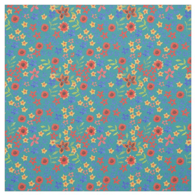Ljus blomster miniprint mönster på teal tyg (Provkarta)