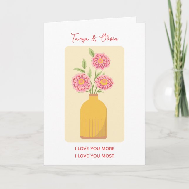 Ljus blomsterarrangemang i en gul vas design kort (Framsida)