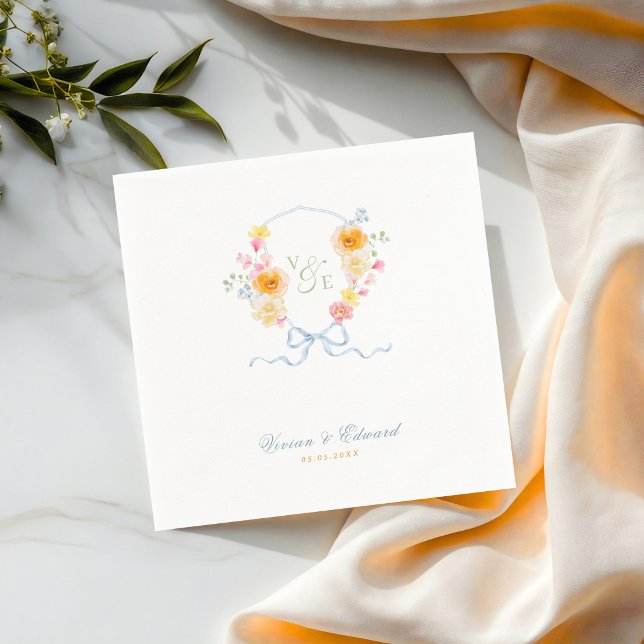 Ljus blomsterkrans Monogram Vårbröllop Pappersservett (Skapare uppladdad)