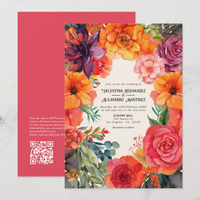 Ljus blomsterlig fiesta-hälsning med detaljer QR-k Inbjudningar (Fram/baksida)