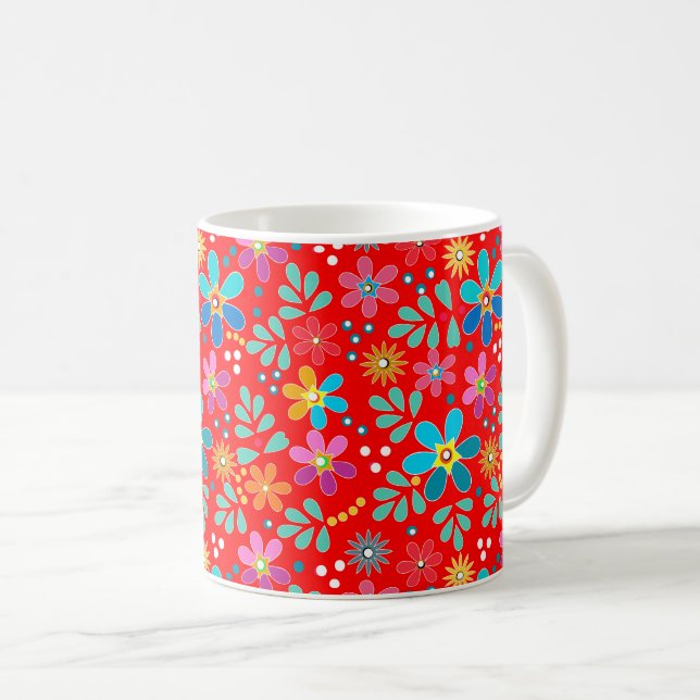 Ljus blomstermönster i flera färger retro sextio kaffemugg (Framsida höger)
