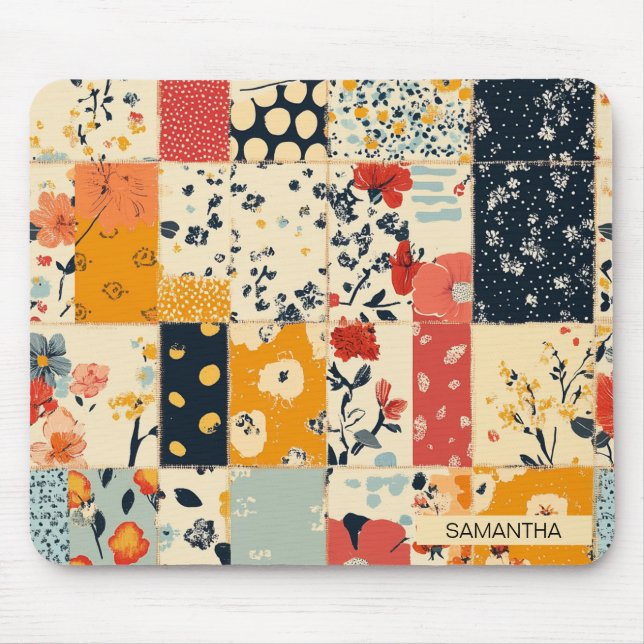Ljus blomsterpatchworkfilt i varma toner musmatta (Framsidan)