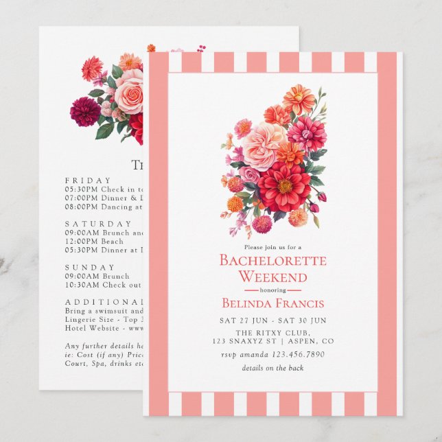 Ljus blomsterrik möhippa-helg Itinerary Inbjudningar (Fram/baksida)