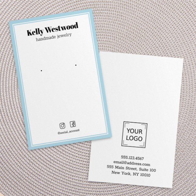 LJUS BLUE GRÄNS ÖKNING VISNING LOGOTYP SOCIAL ICON VISITKORT (Enhance Your Jewelry Presentation with our Blush Pink Border Logo Earring Display Card)