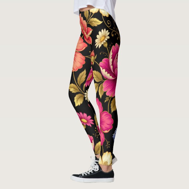 Ljus Boho Blommig Botanisk Mönster   Leggings (Vänster)