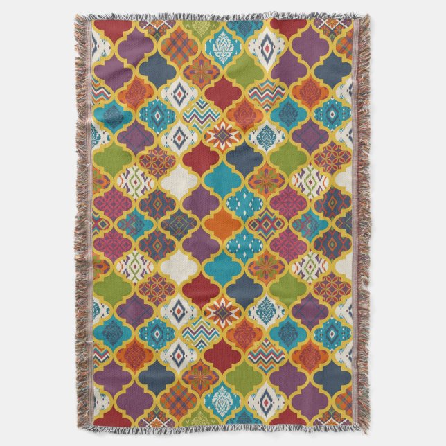 Ljus Boho Geometrisk Lappteknik Kakel Mönster Filt (Framsidan Vertikal)
