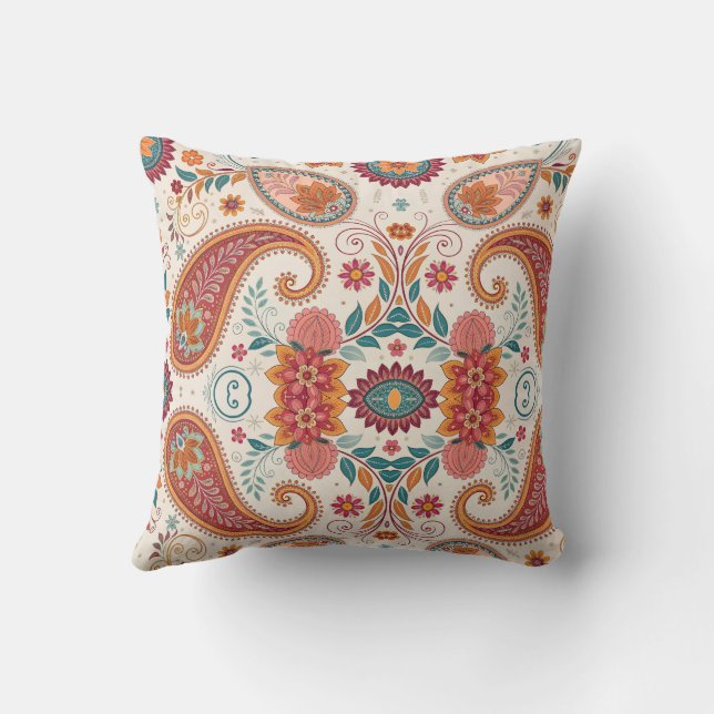 Ljus Boho Paisley vit blommönster  Kudde (Baksida)