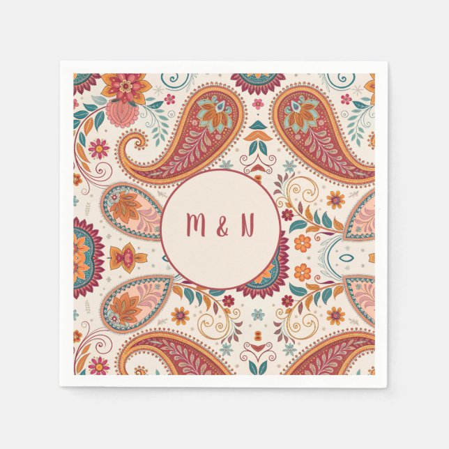 Ljus Boho Paisley vit blommönster Pappersservett (Framsidan)