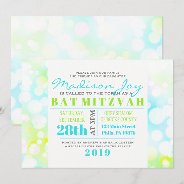 Ljus bubblor Bat Mitzvah-inbjudan Inbjudningar (Fram/baksida)