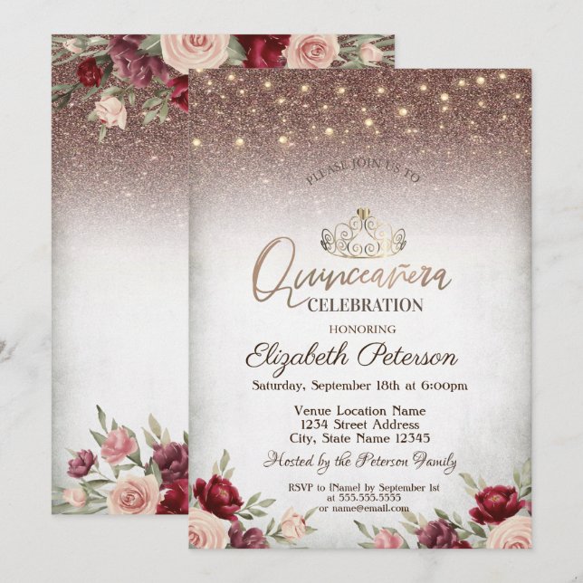 Ljus, Burgunderröda Blommor Glittrande Quinceañera Inbjudningar (Fram/baksida)