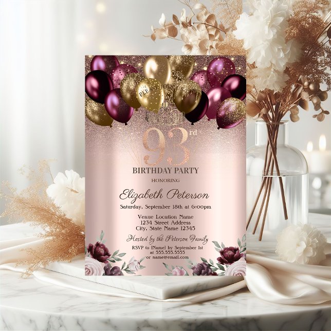 Ljus,Burgundy Glitter-ballonger 93:e födelsedagen Inbjudningar (Skapare uppladdad)