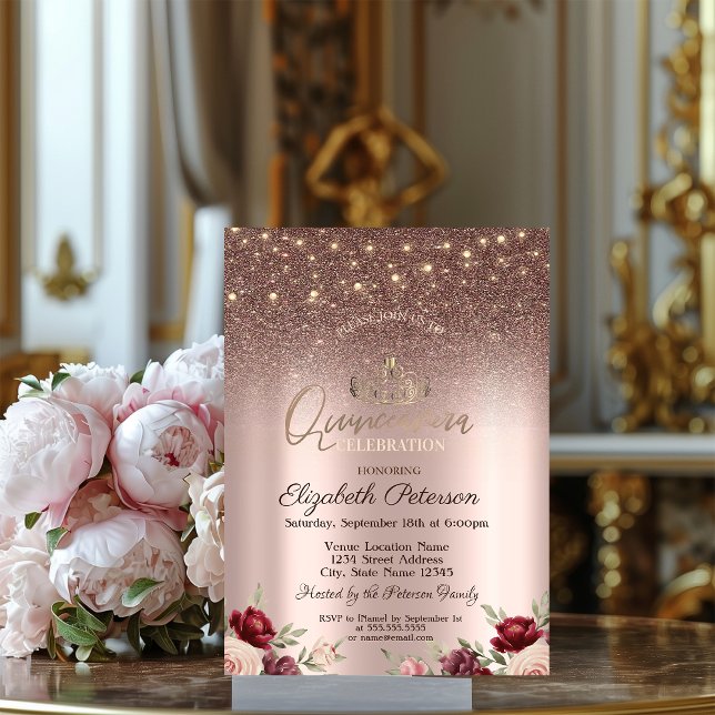 Ljus,Burgundy Glitter, Ro Guld Quinceañera Inbjudningar (Skapare uppladdad)