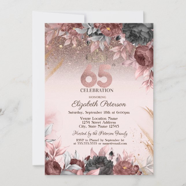Ljus, Chic Blommor Glitter 25-årsdag  Inbjudningar (Framsida)