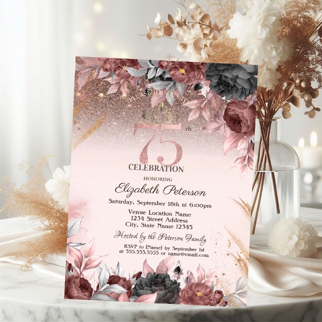 Ljus, Chic Blommor Glitter 75-årsdag Inbjudningar (Skapare uppladdad)