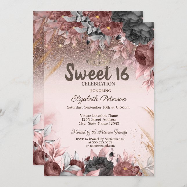 Ljus,Chic Flowers Glitter Sweet 16 Inbjudningar (Fram/baksida)